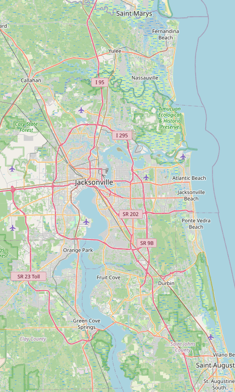 Map of our First Coast service area, from Amelia Island south to St. Augustine. Focus areas: Jacksonville, Ponte Vedra, Nocatee, Jacksonville Beaches, Ortega.